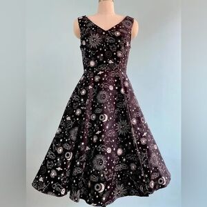 Eva Rose Black & White Lunar V Neck Astrology Pinup Fit and Flare Dress